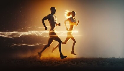 Aufkleber - A Couple Of People Running In The Dark With A Flash Of Light Fitness Center Sports Photography Fitness Coaching  Generative AI 