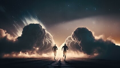 Fototapete - Two People Running In The Middle Of A Road Martial Arts Studio Sports Photography Energy Healing  Generative AI 