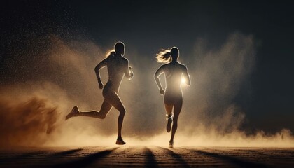 Aufkleber - Two People Running In The Dark With Dust Behind Them Sports Bar Sports Photography Sports Photography  Generative AI 