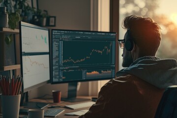 Poster - A Man Sitting At A Desk With A Computer Conference Room Graphic Design Investment Analysis 