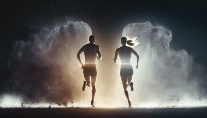 Aufkleber - Two People Running In The Dark With Smoke Behind Them Sports Bar Sports Photography Health And Wellness Coaching  Generative AI 