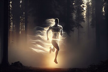 Aufkleber - A Man Running Through A Forest At Sunset With A Light Trail Fitness Center Long Exposure Photography Fitness Apparel  Generative AI 