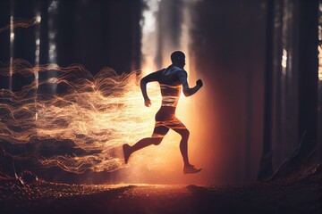 Aufkleber - A Man Running Through A Forest With A Bright Light Power Plant Long Exposure Photography Sports Photography  Generative AI 