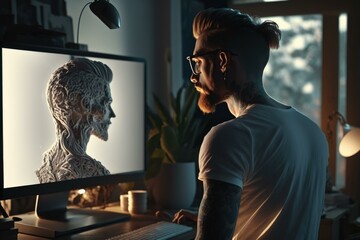 Poster - A Man With A Beard And Glasses Is Looking At A Computer Screen Workshop Graphic Design Computer Graphics 