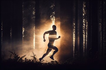 Aufkleber - A Man Running Through A Forest At Night With A Light Shining Through The Trees Forest Sports Photography Health And Wellness Coaching  Generative AI 
