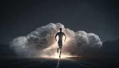 Aufkleber - A Man Running Through A Cloud Of Smoke And Stars Stadium Sports Photography Sports Photography  Generative AI 