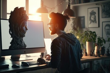 Poster - A Woman Sitting At A Computer With A Large Head On The Monitor Modern City Skyline In The Evening With Sunset Graphic Design Computer Graphics  Generative AI 