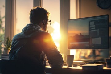 Aufkleber - a man sitting at a desk with a computer modern city skyline in the morning with sunrise advertising 