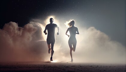 Aufkleber - A Couple Of People Running In The Dark With Smoke Fitness Center Sports Photography Sports Photography  Generative AI 