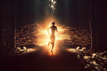 Fototapete - A Woman Running Through A Forest At Night With The Sun Shining Through The Trees Fitness Center Long Exposure Photography Holistic Health Coaching  Generative AI 