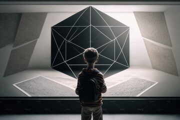 Poster - A Boy Standing In Front Of A Large Black Object Science Museum Video Art Mathematics Education  Generative AI 