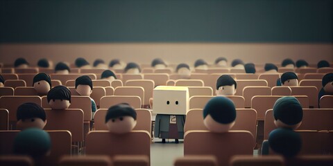 Poster - A Group Of People Sitting In A Room With A Robot In The Middle Classroom Assemblage Animation Filmmaking  Generative AI 