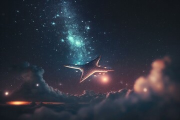 Poster - A Plane Flying Through The Sky With Stars In The Background Arctic Sea At Night With Stars And Northern Lights Time-Lapse Photography Planes  Generative AI 