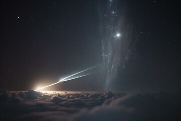 Poster - A Bright Light Shines In The Sky Above The Clouds Lunar Landscape Time-Lapse Photography Astronomy  Generative AI 