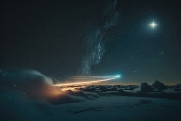 Fototapete - A Star Is Shining Above The Clouds In The Night Sky Arctic Sea At Night With Stars And Northern Lights Time-Lapse Photography Planes  Generative AI 