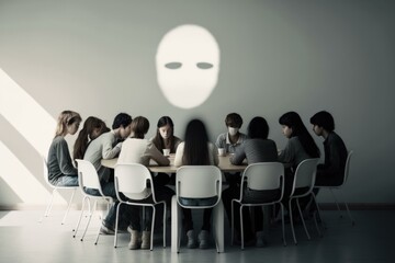 Poster - A Group Of People Sitting At A Table With A White Light Above Them Conference Room Performance Art Fraud Prevention 