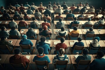 Poster - A Group Of People Sitting In A Classroom With Desks Classroom Advertising Photography Higher Education 