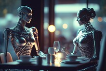 A Couple Of Skeletons Sitting At A Table With A Cup Of Coffee Restaurant Stereoscopic Photography Artificial Intelligence 