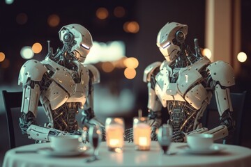 Poster - Two Robots Sitting At A Table With A Candle Restaurant Stereoscopic Photography Artificial Intelligence 