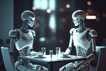 Poster - Two Humanoids Sitting At A Table With A Laptop Restaurant Stereoscopic Photography Artificial Intelligence 