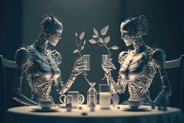 Poster - Two Robots Sitting At A Table With A Vase And A Cup Restaurant Stereoscopic Photography Artificial Intelligence 