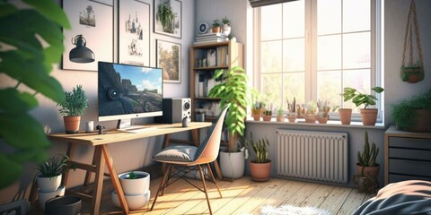 Poster - A Computer Desk With A Monitor And A Keyboard Rustic Farm Interior Photorealism Computer Graphics  Generative AI 