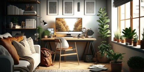 Poster - A Living Room With A Couch Desk And Computer Rustic Farm Interior Photorealism Interior Design  Generative AI 