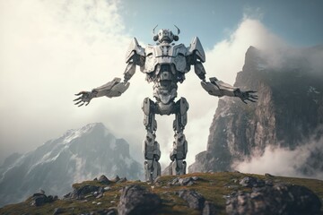 Poster - a robot standing on top of a mountain in the clouds canyon animation robotics engineering generative