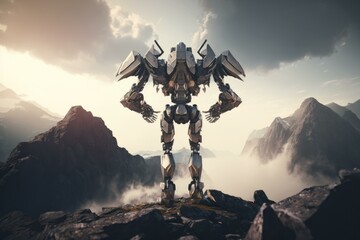 Poster - a robot standing on top of a mountain in the sky canyon animation robotics engineering generative ai