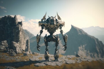 Poster - A Robot Standing On A Rocky Mountain Top In A Sci - Fi Environment Tundra Animation Artificial Intelligence  Generative AI 