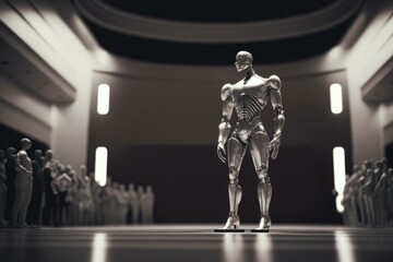 Poster - A Robot Standing In Front Of A Crowd Of People Factory Animation Robotics Engineering  Generative AI 