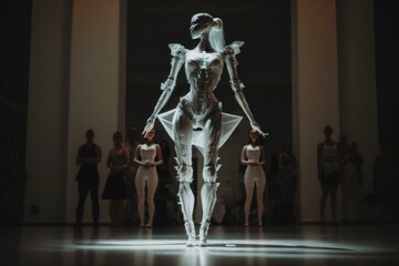 Poster - a woman in a white dress walking down a runway art museum kinetic art dance performance