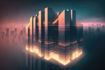Poster - A Futuristic City With Tall Buildings And A Neon Sky Modern City At Dusk Art Deco Computer Graphics  Generative AI 