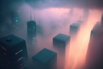 Poster - A Foggy Cityscape With Skyscrapers In The Distance City Skyline Long Exposure Photography Cities  Generative AI 