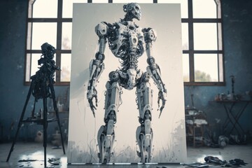 Poster - A Robot Standing Next To A Large Picture Of A Human Workshop Photorealism Robotics Engineering 