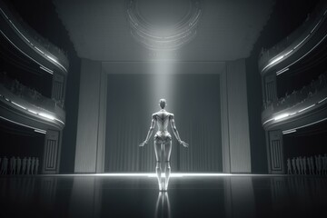 Poster - a woman walking down a runway in a futuristic fashion show dance studio video art motion graphics ge