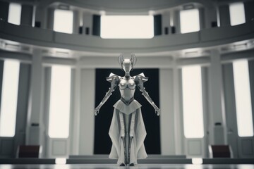 Poster - a futuristic woman standing in a large room with a ceiling arcade animation costume design generativ