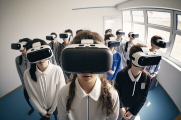 Wall Mural - A Group Of People Wearing Virtual Headsets In A Room Classroom Stereoscopic Photography Science Education  Generative AI 