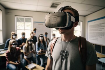 Poster - A Man Wearing A Virtual Headset In Front Of A Group Of People Classroom Stereoscopic Photography Virtual Reality 