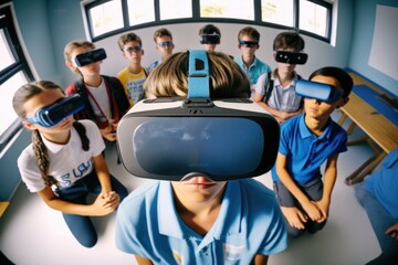 Poster - A Group Of Children Wearing Virtual Glasses In A Room Workshop Stereoscopic Photography Science Education 