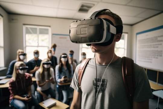 A Man Wearing A Virtual Headset In Front Of A Group Of People Classroom Stereoscopic Photography Virtual Reality 