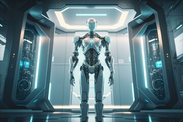 Poster - A Futuristic Woman Standing In A Room With A Futuristic Door Factory Animation Robotics Engineering 