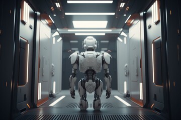 Poster - A Robot Is Walking Through A Hallway In A Futuristic Building Factory Animation Robotics Engineering 