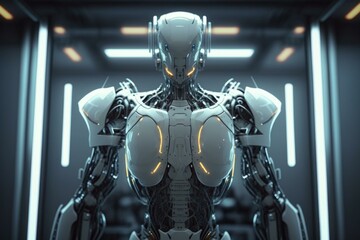 Poster - A Futuristic Robot Standing In A Dark Room With Neon Lights Factory Animation Robotics Engineering 