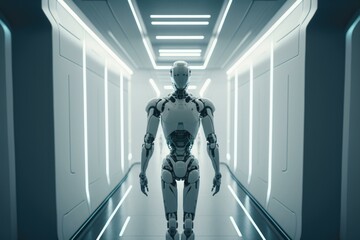 Poster - A Robot Walks Through A Hallway In A Futuristic Environment Factory Animation Robotics Engineering  Generative AI 