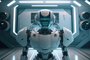 Poster - A Robot Standing In A Futuristic Looking Room With Clocks Arcade Animation Robotics Engineering  Generative AI 