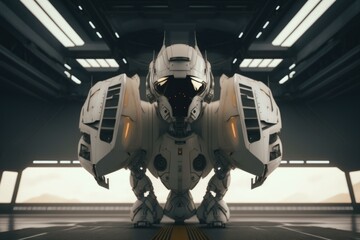 Poster - A Futuristic Looking Robot In A Large Building With A Sky Background Military Base Animation 3D Modeling  Generative AI 