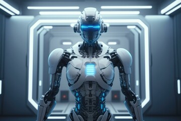 Poster - A Robot Standing In A Futuristic Looking Room With A Light On Arcade Animation Robotics Engineering  Generative AI 