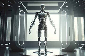 Poster - A Robot Standing In A Room With A Large Window Car Repair Shop Animation Robotics Engineering  Generative AI 