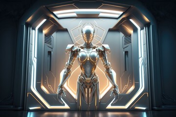 Poster - A Futuristic Man Standing In A Doorway With A Futuristic Background Factory Animation Robotics Engineering  Generative AI 